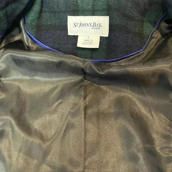 St. John's Bay Wool Tartan Plaid Peacoat in Navy and Green. Size Small. - Picture 9 of 10